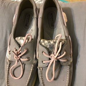 Silver and pink sperry shoes
